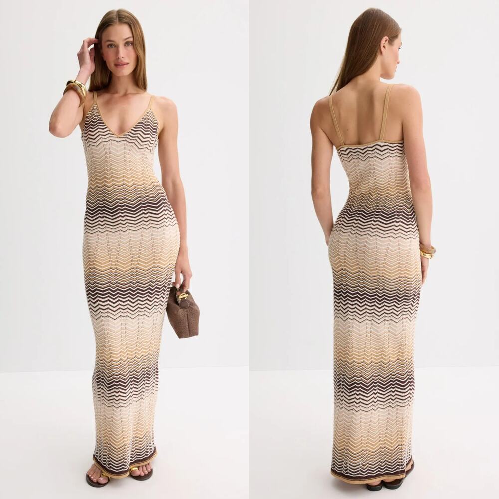 Ronny Kobo Vuolo Dress Chevron Stripe Knit Sleeveless Maxi Neutral Multicolor XL
